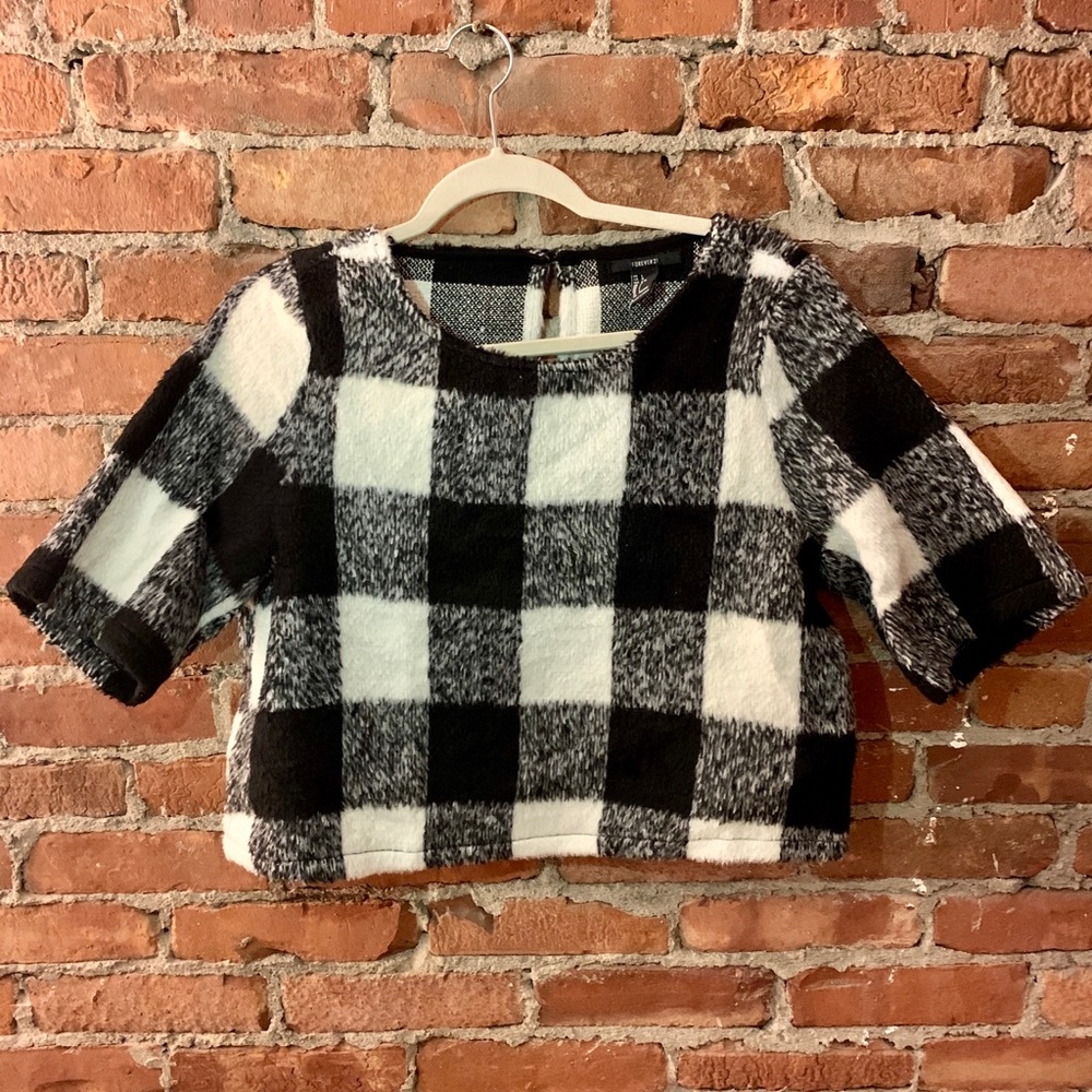 Black & White Buffalo Check Wool Crop Top - Large